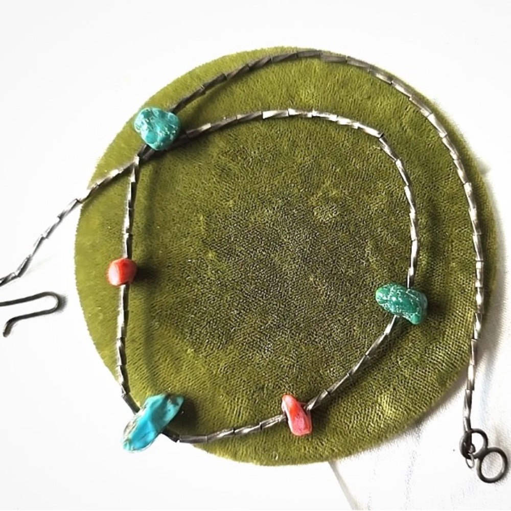 Vintage Southwestern Sterling Silver Turquoise Coral Beads Chain Necklace 15"L